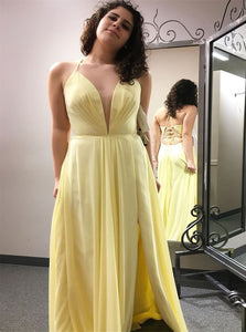 Sweep Train Yellow Evening Dresses with Slit