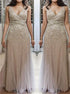 Champagne A Line Tulle Beadings V Neck Chiffon Prom Dresses LBQ2090