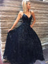 A Line Dark Navy Spaghetti Straps Lace Prom Dress LBQ2470