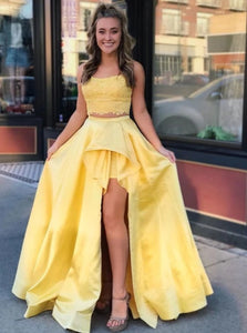 Ball Gown Yellow Two Pieces Satin Prom Dresses