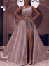 A Line One Shoulder Sequined Detachable Split Satin Prom Dresses With Bowknot LBQ1687