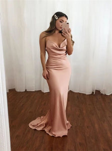 Pink Spaghetti Straps Mermaid Satin Prom Dresses 