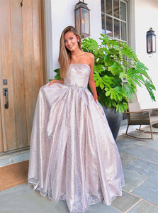 A Line Strapless Tulle Sequins Prom Dresses