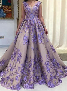 A Line V Neck Purple Tulle Appliques Prom Dresses