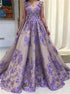 A Line V Neck Purple Tulle Appliques Prom Dress LBQ3048