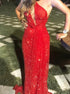 One Shoulder Open Chest Sleeveless Long Red Sequin Prom Dresses LBQ1723