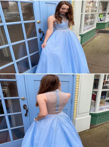 Sleeveless Sweep Train Blue Prom Dresses