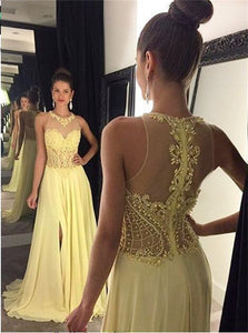 A Line Scoop Yellow Appliques Tulle Prom Dresses