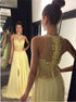 A Line Scoop Yellow Appliques Tulle Prom Dress with Slit LBQ2899
