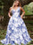 A Line Straps Printed Satin Open Back Blue Prom Dresses