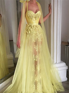 Yellow A Line Tulle Sweetheart Lace Applique Prom Dresses