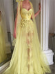 Yellow A Line Tulle Sweetheart Lace Applique Prom Dresses