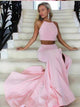 A Line Pink Satin Prom Dresses with Sweep Train