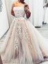 A Line Champagne Tulle Appliques Strapless Prom Dress LBQ2035