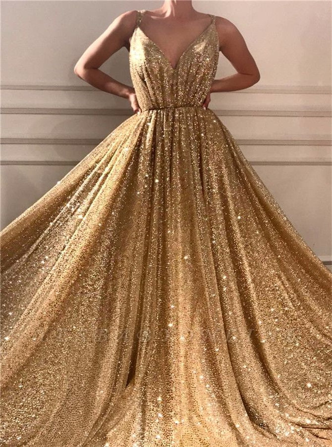 A Line Sequins V Neck Gold Prom Dresses | Alinepromdress A Line Sequins V Neck Gold Prom Dresses | Alinepromdress