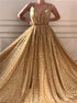 Sequins Spaghetti Straps V Neck Gold Prom Dress LBQ1555