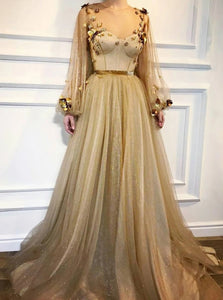 A Line Scoop Long Sleeves Golden Sequins Prom Dress With 3D Floral 