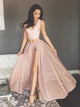 A Line Two Piece Scoop Pink Chiffon Prom Dress with Slit
