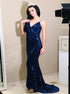 Mermaid Spaghetti Straps Navy Blue Sequin Prom Dress LBQ2656