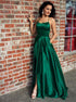 Straps Emerald Green Satin Prom Dress with Slit LBQ0594
