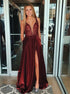 A Line V Neck Sleeveless Burgundy Split Prom Dress with Appliques LBQ2110