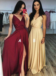 A Line V Neck Satin Prom Dresses with Slit