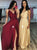 A Line V Neck Satin Prom Dresses with Slit