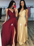 A Line V Neck Satin Prom Dresses with Slit LBQ2685