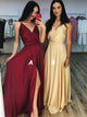 A Line V Neck Satin Prom Dresses with Slit