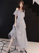 Gray Off the Shoulder A Line Tulle Tea Length Prom Dress LBQ1624