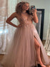 A Line Pink Tulle Beadings Prom Dresses with Slit LBQ2307