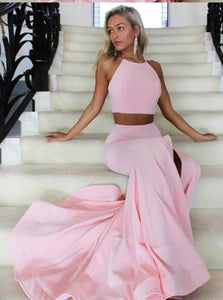 Two Piece A Line Spaghetti Straps Satin Prom Dresses With Slit 