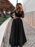 A Line Two Piece Scoop Long Sleeves Satin Appliques Prom Dresses LBQ3271