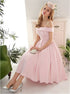 A Line Pink Off the Shoulder Tea Length Satin Pleats Prom Dresses LBQ1873