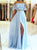A Line Off The Shoulder Split Blue Chiffon Prom Dress With Beadings LBQ1356