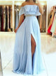 A Line Off The Shoulder Split Blue Chiffon Prom Dress With Beadings LBQ1356