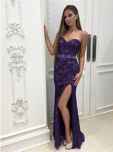 Mermaid Sweep Train Purple Evening Dresses with Slit