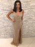 Mermaid Golden Spaghetti Strap V Neck Sequined Slit Prom Dresses LBQ2920