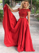 A Line Red Two Pieces Scoop Beadings Cap Sleeves Satin Prom Dresses