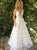 A Line V Neck Champagne Tulle Lace Prom Dresses with Beadings