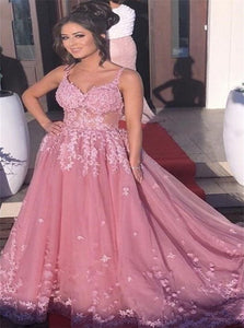 A Line V Neck Straps Tulle Pink Prom Dresses