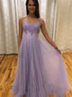 A Line Spaghetti Straps Tulle Beaded Long Prom Dresses