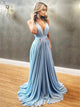 A Line Blue Chiffon V Neck Prom Dresses