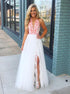 A Line Halter White Tulle Prom Dress with Pink Embroidery LBQ2145