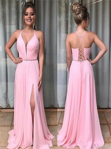 Spaghetti Straps A Line Chiffon Lace Up Prom Dresses with Slit 