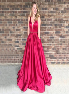 A Line V Neck Red Satin Prom Dresses with Pockets