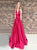 A Line V Neck Red Satin Prom Dresses with Pockets