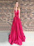 A Line V Neck Red Satin Prom Dresses with Pockets LBQ3010