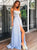 A Line Light Blue Spaghetti Straps Chiffon Lace Top Prom Dress