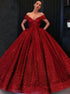 Off Shoulder Red Sparkly Ball Gown Sequins Prom Dresses LBQ1828